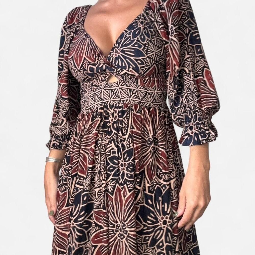 Angie Floral Maxi Dress M Black Rust Boho Smocked Waist Puff Sleeve Cottage